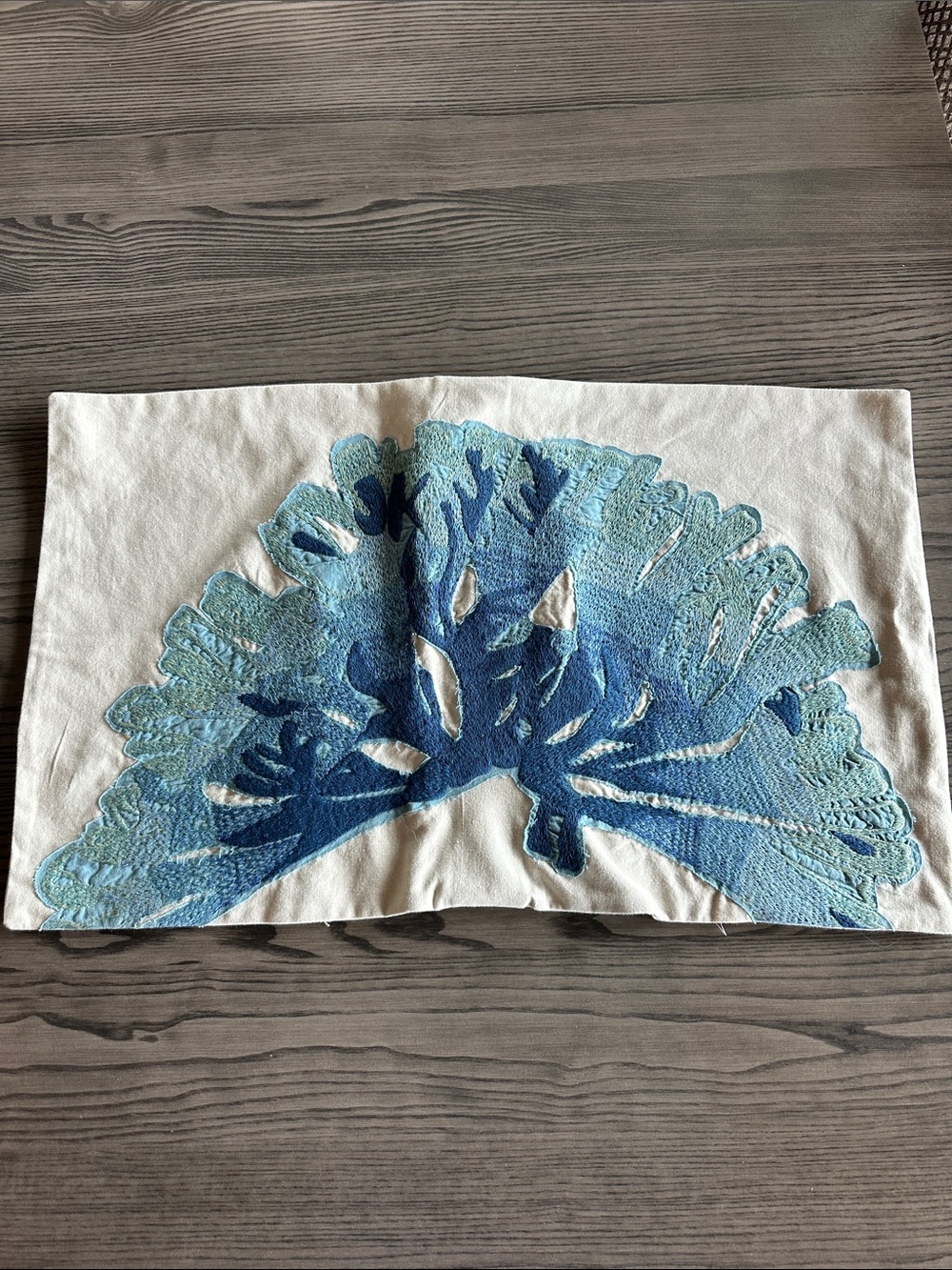Pottery Barn Blue Coral Appliqué/Embroidered Pillow Cover 26” x 16”